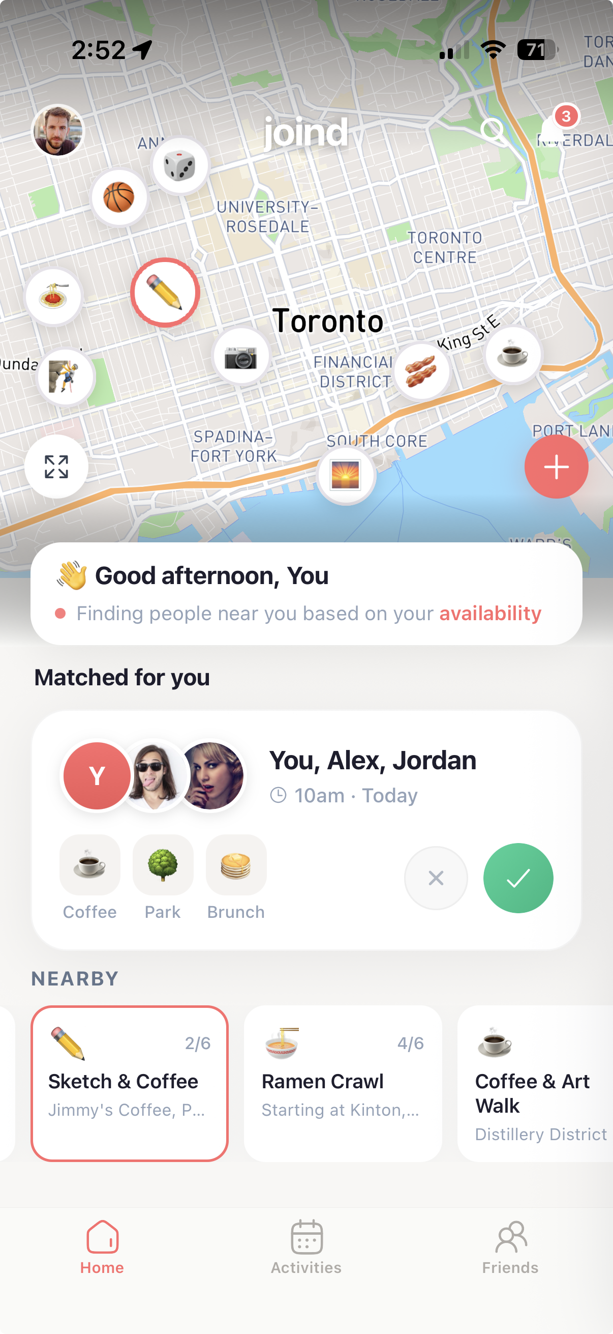Joind app showing a map of Seoul with activity pins for street food, cycling, sketching, and more